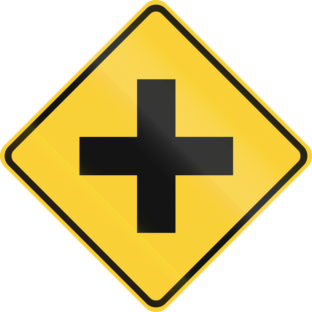 Yellow warning of upcoming intersection road sign
