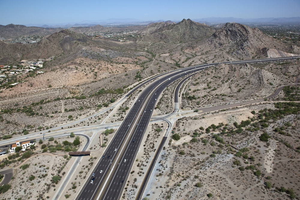 Aerial view of Highway 51 Phoenix Arizona with mountains Aerial view of Highway 51 Phoenix Arizona with mountains